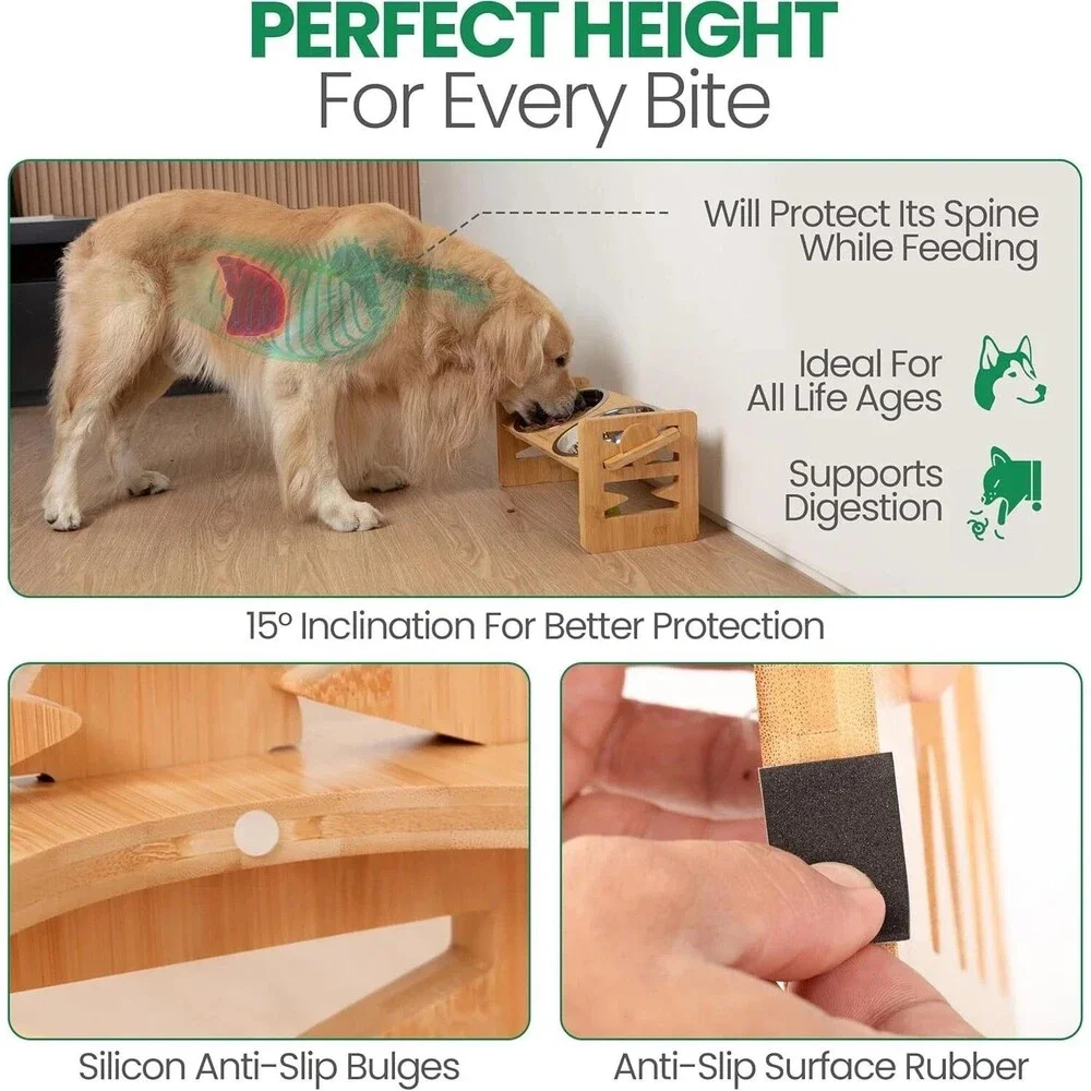 Bamboo Elevated Dog Bowl Stand with Stainless Steel Bowls